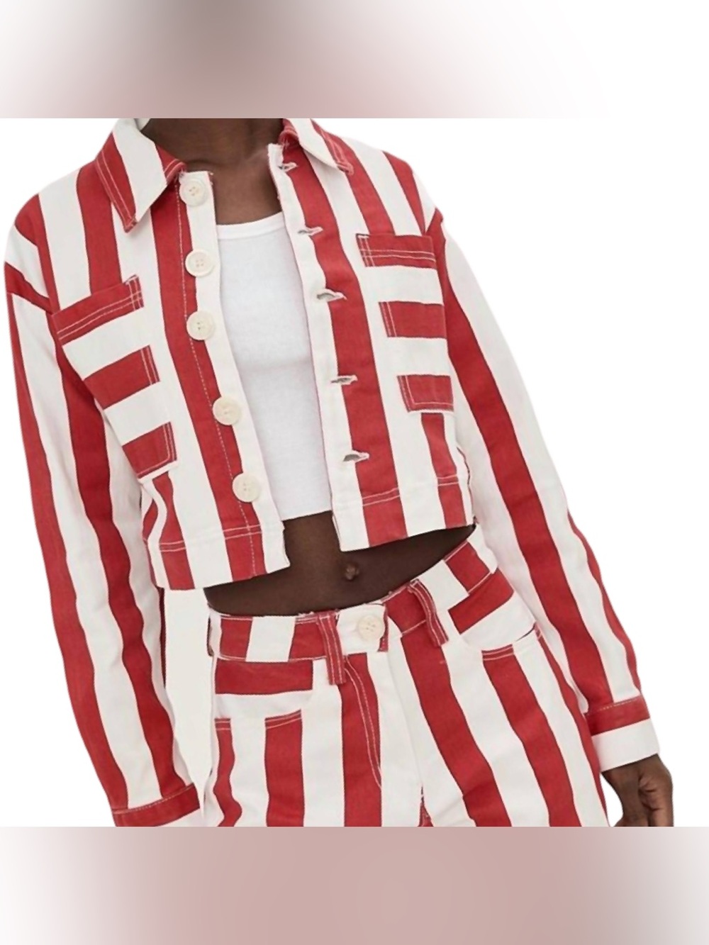 English Factory Oversized Cropped Bold Red & White Striped Chore/Utility Coat S